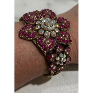 Vintage Statement Corsage Cuff Rhinestone Crystal Gem Fuscia Pink Prom Jewelry